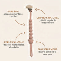 Attache-tétine bébé en silicone alimentaire sans BPA rose blush avec perles 
rondes, clip en bois naturel et métal inoxydable et charm ourson — 
infographie fonctionnalités produit