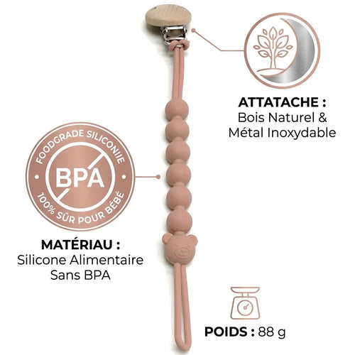 Infographie attache tétine bébé rose en silicone alimentaire sans BPA avec clip en bois naturel et métal inoxydable - perles rondes motif ourson - 88g - 100% sûr pour bébé