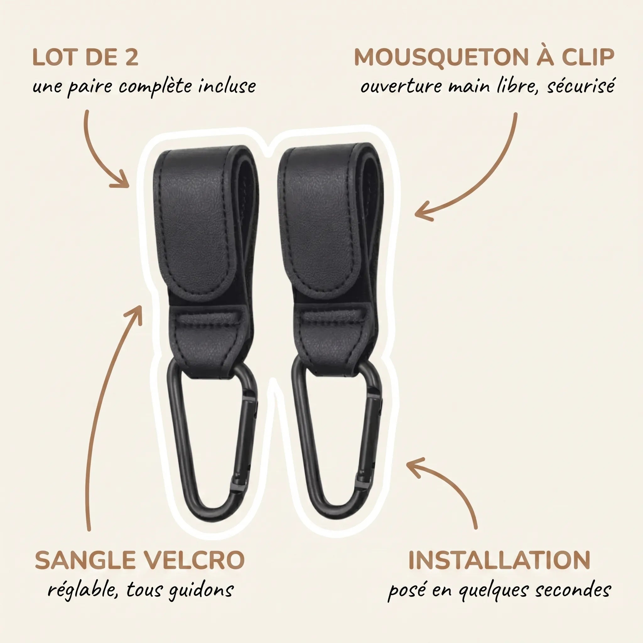 Lot de 2 crochets attaches poussette noirs effet cuir avec sangle velcro réglable 
et mousqueton à clip sécurisé, compatibles tous guidons de poussette — 
infographie fonctionnalités produit