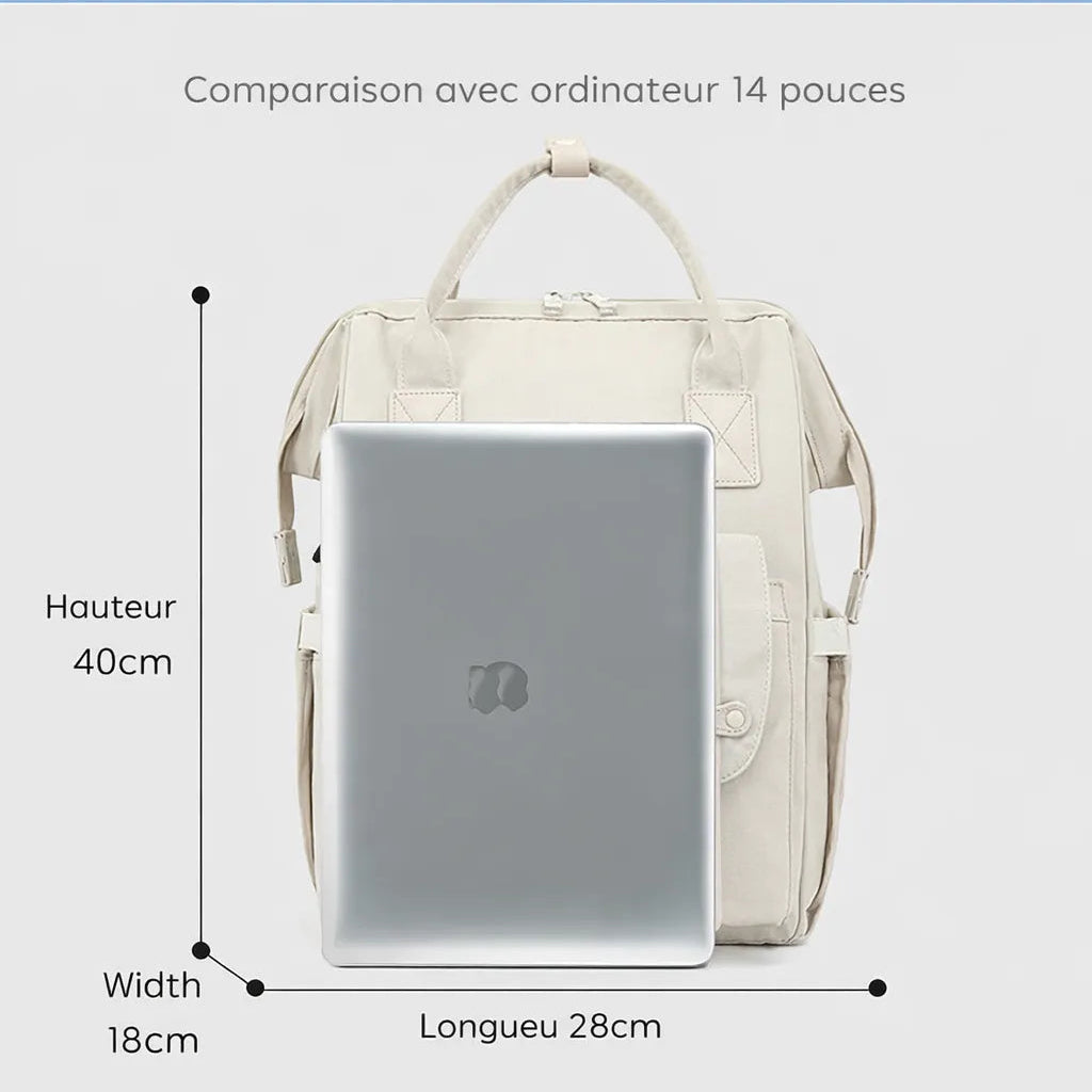 Infographie en français présentant un sac à dos à langer beige avec ordinateur 14 pouces, dimensions 40 cm de hauteur, 28 cm de longueur et 18 cm de largeur, tissu imperméable et doublure polyester.