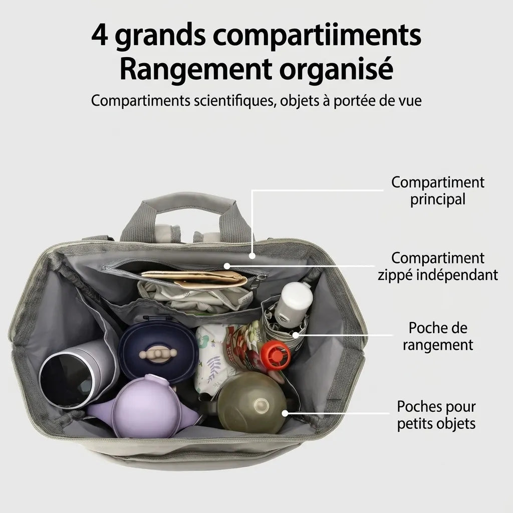 Vue de dessus de l'intérieur d'un sac à langer montrant 4 grands compartiments de rangement pour biberons, vêtements et accessoires de bébé.