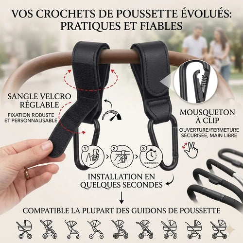 Infographie crochets de poussette noirs pratiques et fiables : sangle velcro réglable fixation robuste, mousqueton à clip sécurisé main libre, installation en quelques secondes, compatibles la plupart des guidons de poussette