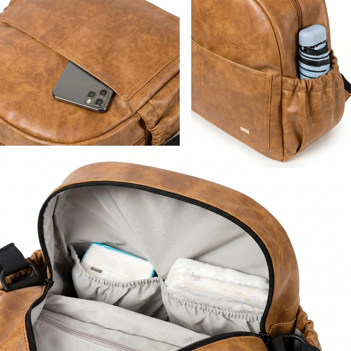 Détail intérieur d'un sac à langer à dos en cuir PU : grande poche principale avec couches et lingettes, poche frontale pour smartphone et poche latérale élastiquée pour bouteille d'eau