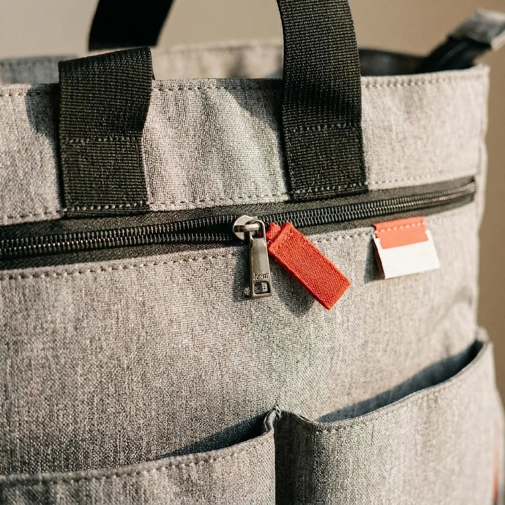 Gros plan fermeture zippée et poches frontales organisées du sac à langer en polyester, pochette isotherme biberon et tapis à langer inclus