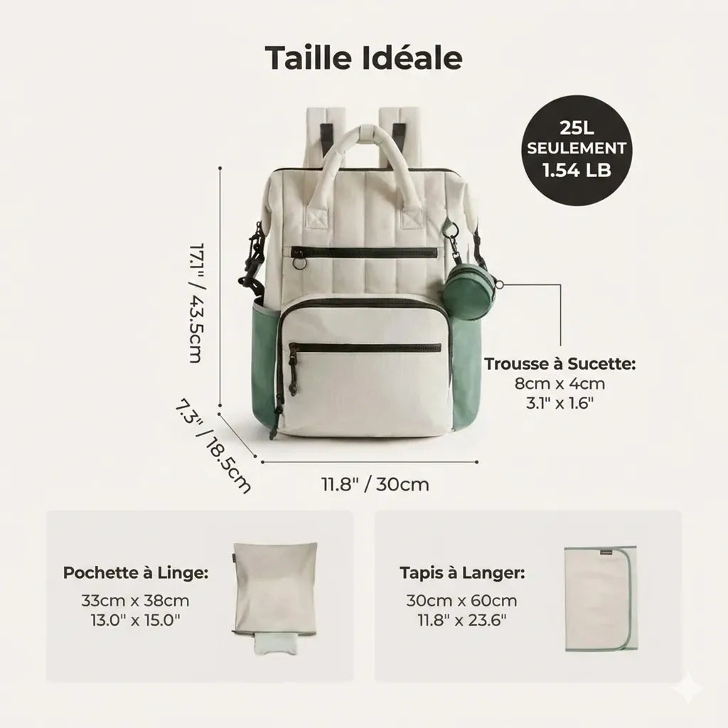 Dimensions du sac à dos à langer 25L avec mesures en cm et pouces, incluant trousse à sucette, pochette à linge et tapis à langer pliable