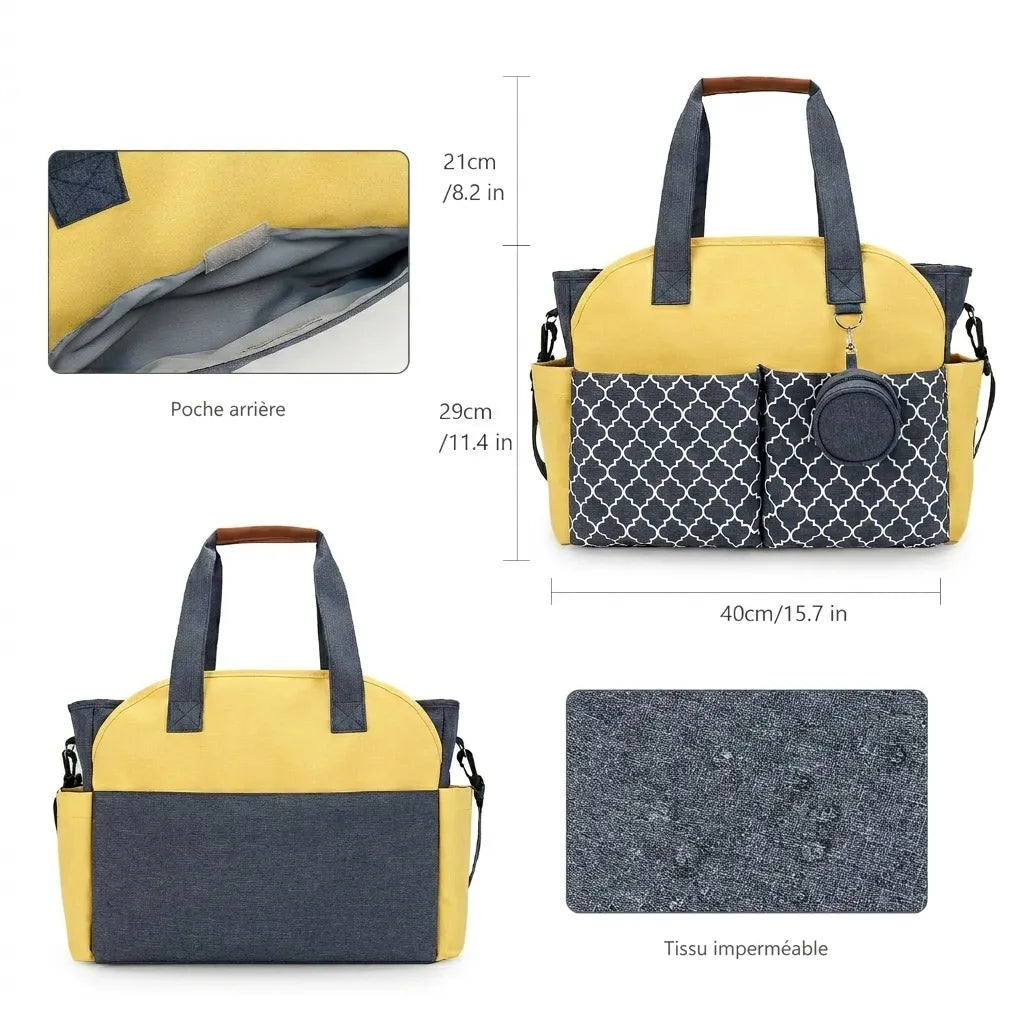 Sac à langer jaune et gris avec dimensions détaillées (40 cm largeur, 29 cm hauteur) et aperçu du tissu résistant à l’eau, montrant la poche arrière et la structure du sac.