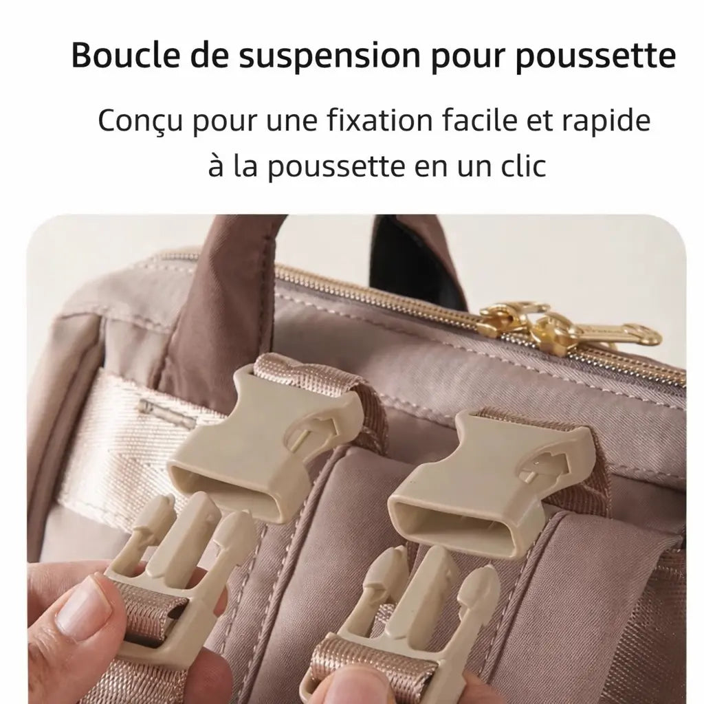 Zoom sur le système de boucles de suspension clipsables pour fixer facilement un sac à langer sur le guidon d'une poussette.