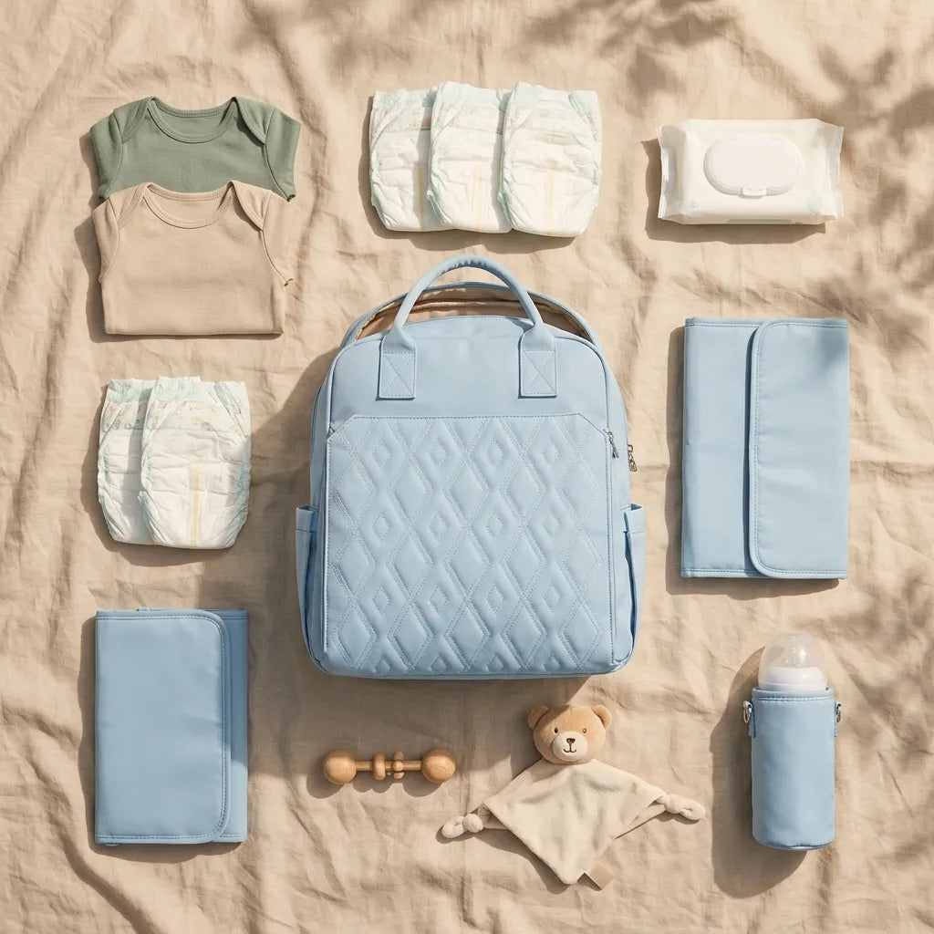 Vue de dessus sac à dos à langer bleu ciel entouré d'accessoires bébé : couches, lingettes, tapis à langer, body, biberon isotherme et doudou sur tissu lin beige
