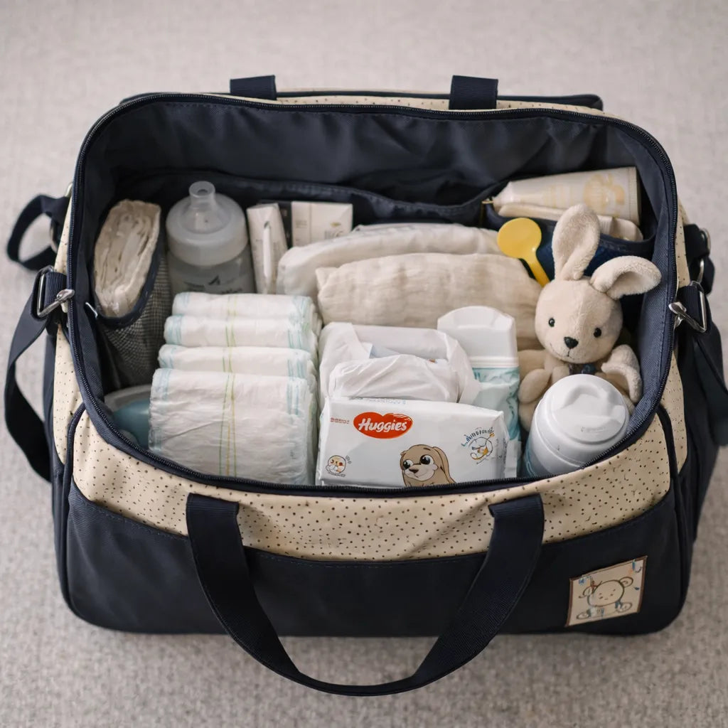 Grand sac maternité beige et bleu ouvert montrant l’intérieur organisé avec couches, lingettes, biberon, crème, lange et accessoires bébé soigneusement rangés