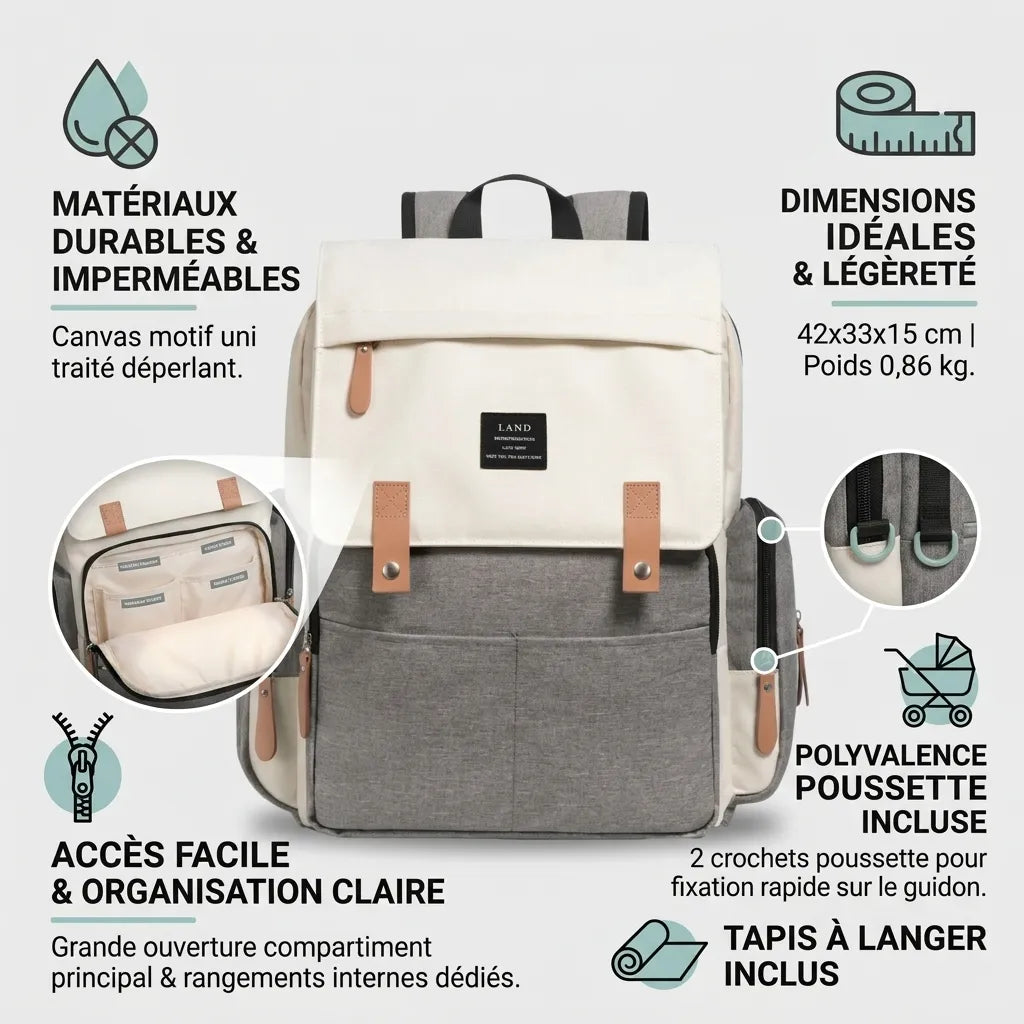 Infographie sac à langer à dos bicolore crème et gris : matériaux canvas imperméables, dimensions 42x33x15 cm poids 0,86 kg, grande ouverture compartiment organisé, 2 crochets poussette et tapis à langer inclus