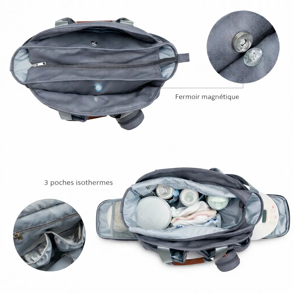 Vue de dessus de l’intérieur d’un sac à langer gris avec trois poches isothermes pour biberons et fermeture magnétique, montrant un espace de rangement organisé pour les affaires de bébé.