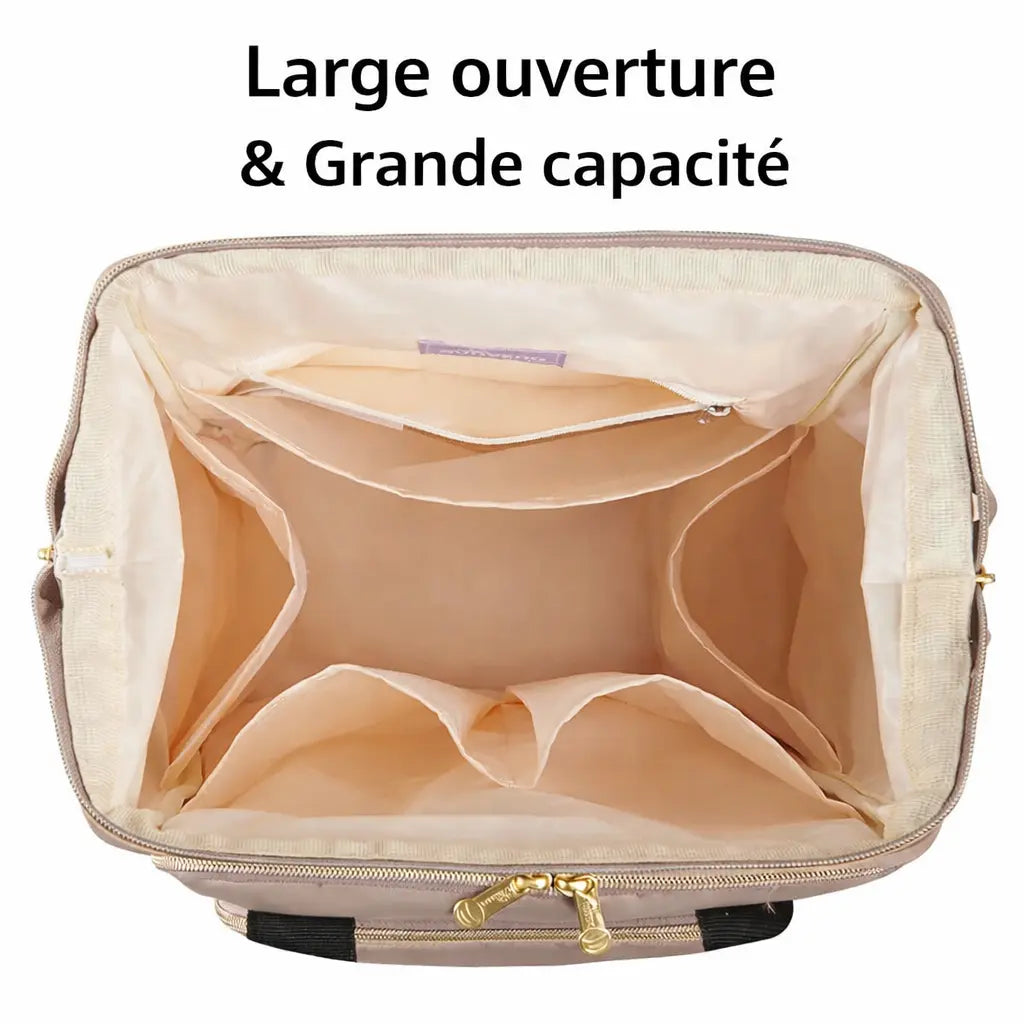 Vue de dessus d'un sac à langer ouvert montrant une large ouverture structurée et de multiples poches élastiques pour une organisation optimale.