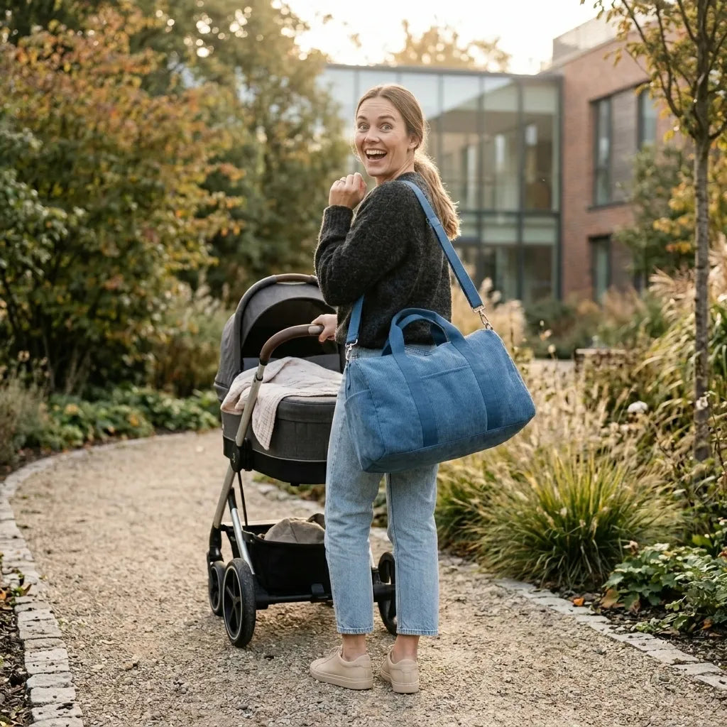 Maman souriante promenant une poussette dans un parc, portant un sac à langer bleu en bandoulière pour transporter les essentiels de bébé lors des sorties