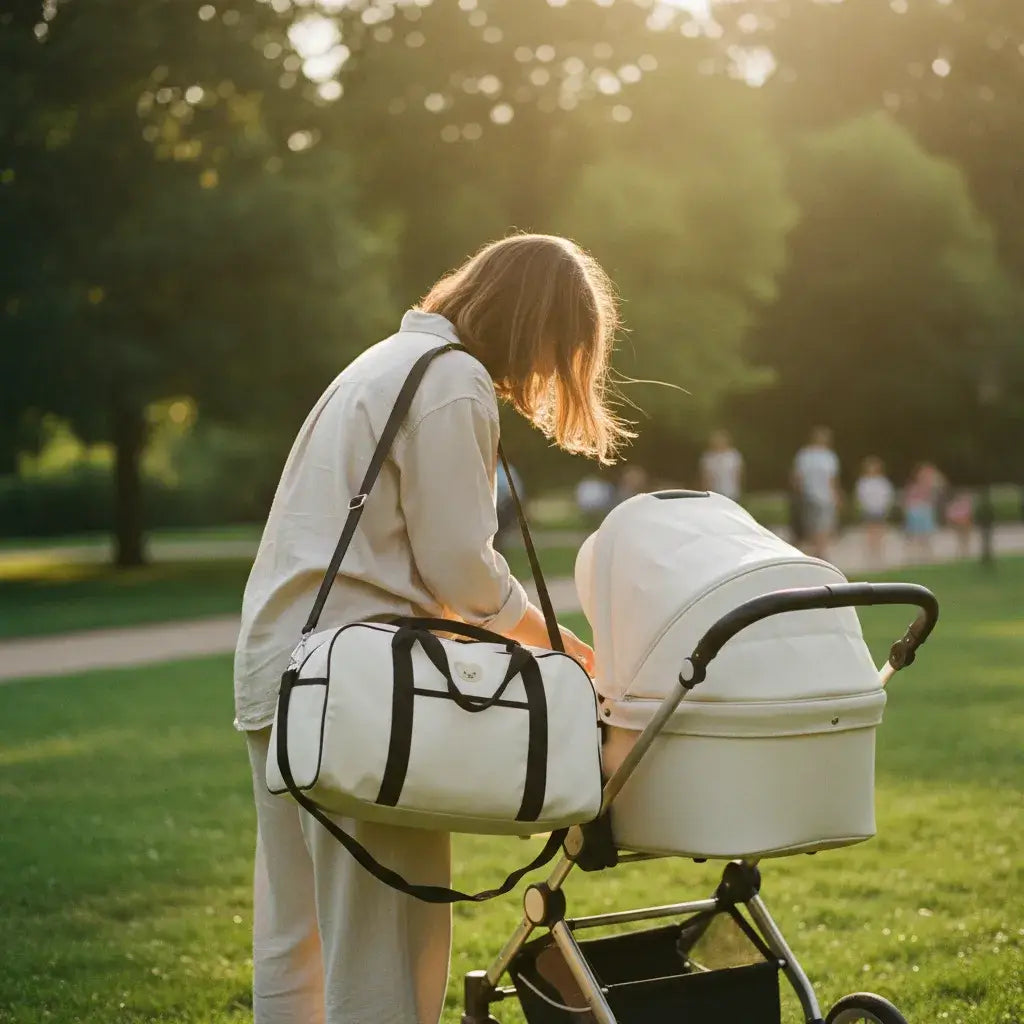 Jeune maman vérifiant bébé dans une poussette blanche au parc, sac à langer beige accroché, promenade en fin d'après‑midi