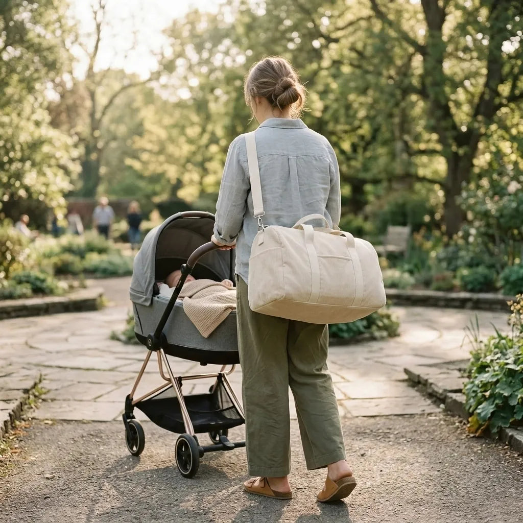 Maman marchant dans un parc avec une poussette et un sac à langer beige porté en bandoulière, pratique pour transporter les essentiels de bébé lors des sorties.