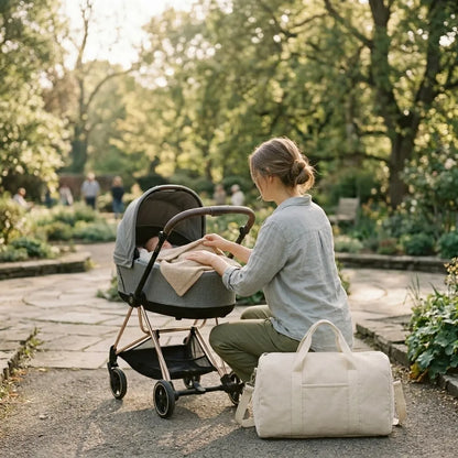 Maman s'occupant de son bébé dans une poussette grise lors d'une promenade en parc, avec un sac à langer en velours côtelé beige posé au sol