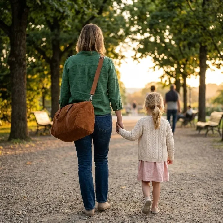 Vue de dos d'une maman tenant la main de sa fille lors d'une promenade en parc, portant un sac à langer en velours côtelé caramel en bandoulière au coucher du soleil