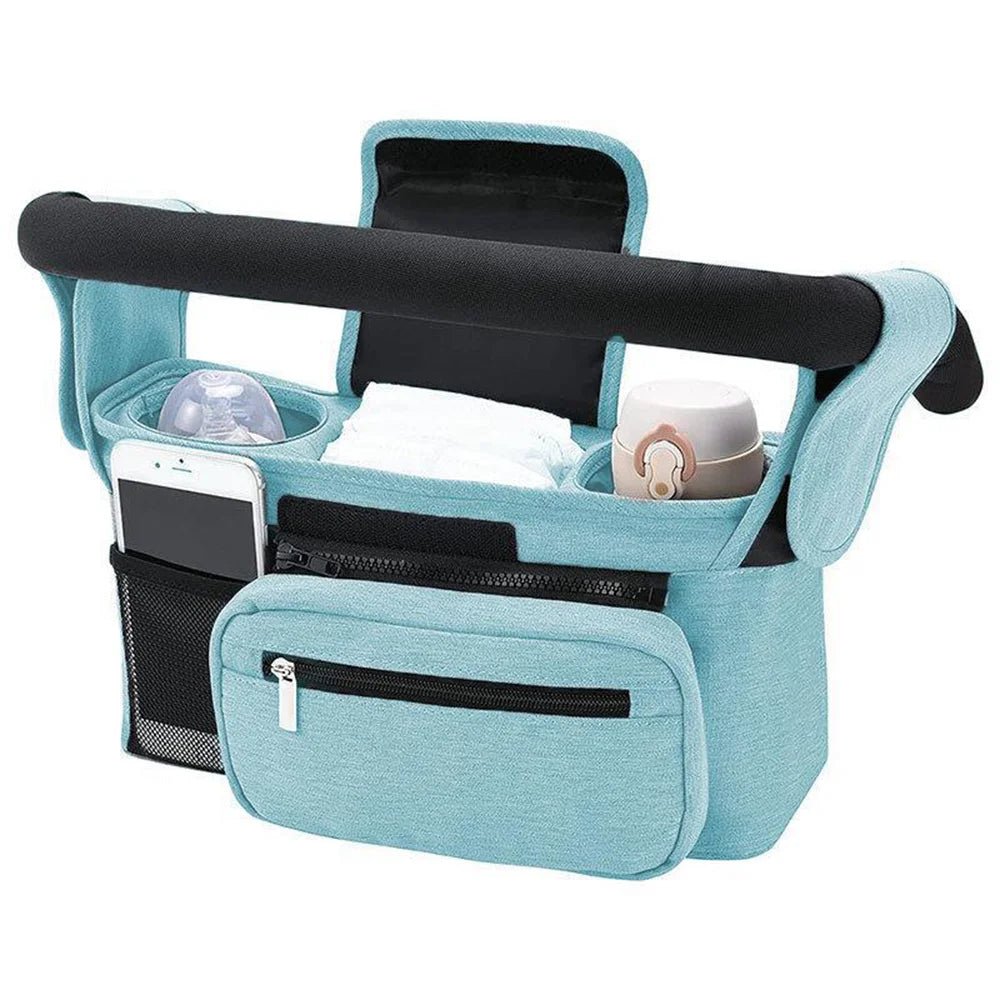 Organisateur poussette bleu avec porte-biberons, poche zippée et rangement téléphone