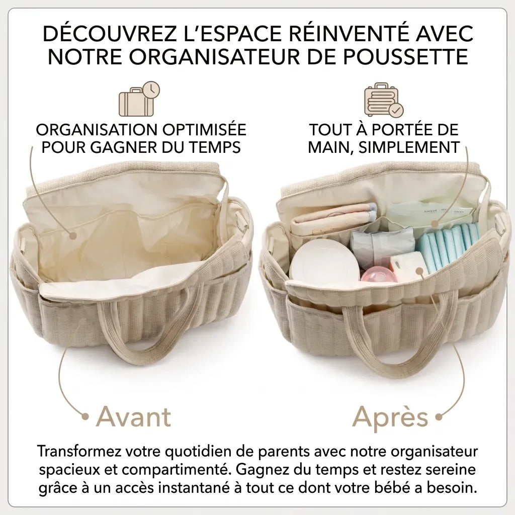 Infographie avant/après organisateur de poussette beige sac à langer maternité : compartiments optimisés pour accéder aux essentiels bébé instantanément sans ouvrir le sac