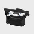 Organisateur poussette noir avec poche téléphone, porte-gobelet et compartiment central