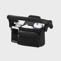 Organisateur poussette noir avec poche téléphone, porte-gobelet et compartiment central