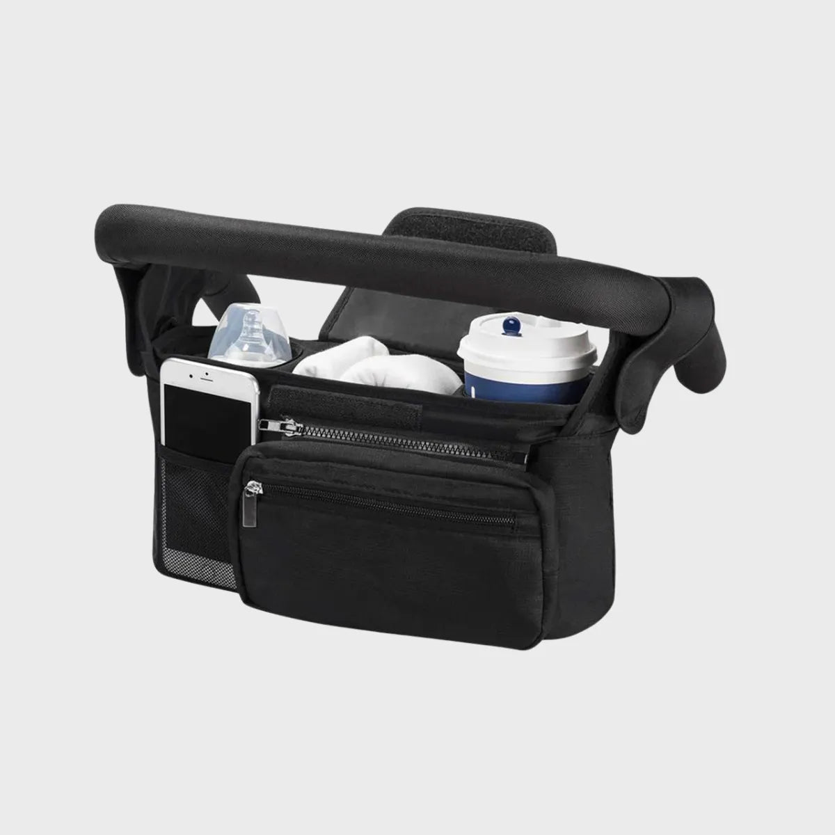 Organisateur poussette noir avec poche téléphone, porte-gobelet et compartiment central