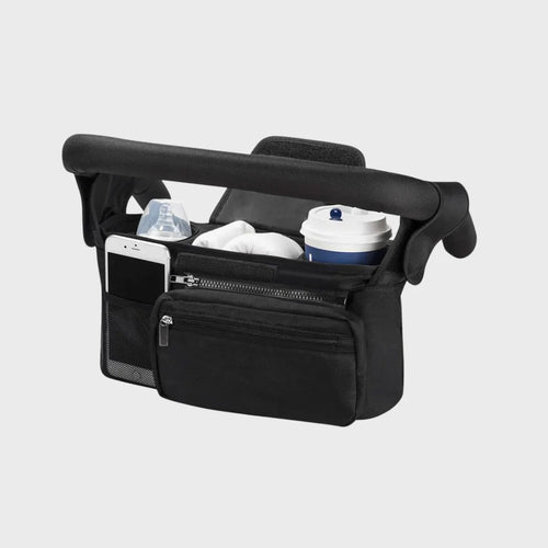 Organisateur poussette noir avec poche téléphone, porte-gobelet et compartiment central