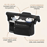Organisateur de poussette noir 32x16x10cm avec 2 porte-biberons à doublure 
isotherme, poche mesh téléphone latérale et poche avant zippée pour clés 
et carte — infographie fonctionnalités produit