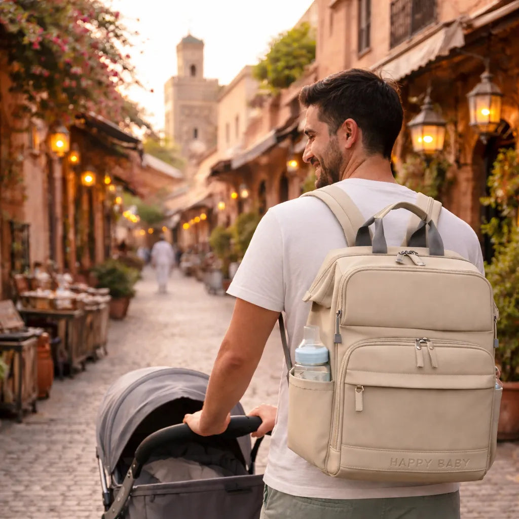 Papa poussant une poussette dans une rue chaleureuse, portant un sac à dos à langer beige avec biberon et lingettes visibles dans la poche latérale.