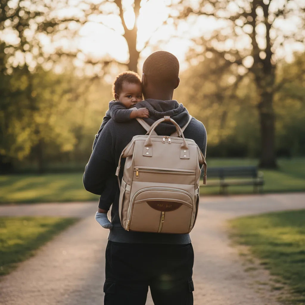 Homme vu de dos marchant dans un parc au coucher du soleil, portant un sac à dos beige et tenant un bébé dans ses bras sur son épaule.