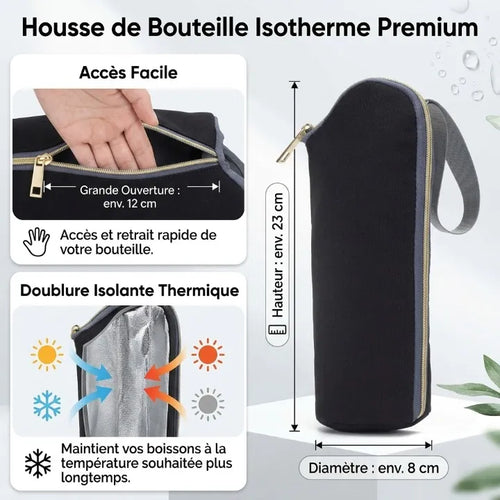 Pochette isotherme bébé noire hauteur 23 cm diamètre 8 cm avec doublure isolante thermique et grande ouverture zippée de 12 cm