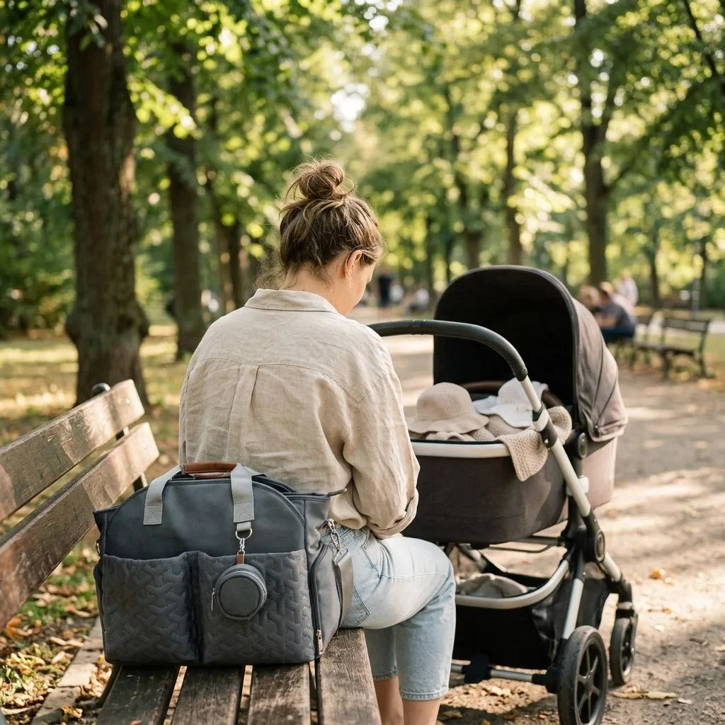 Image d'une jeune femme assise sur un banc dans un parc, s'occupant d'un bébé dans une poussette. Elle porte un sac à langer pratique accroché au banc à côté d'elle. Le cadre est paisible, entouré d'arbres verdoyants et de feuilles tombées au sol, évoquant une ambiance automnale douce et sereine.