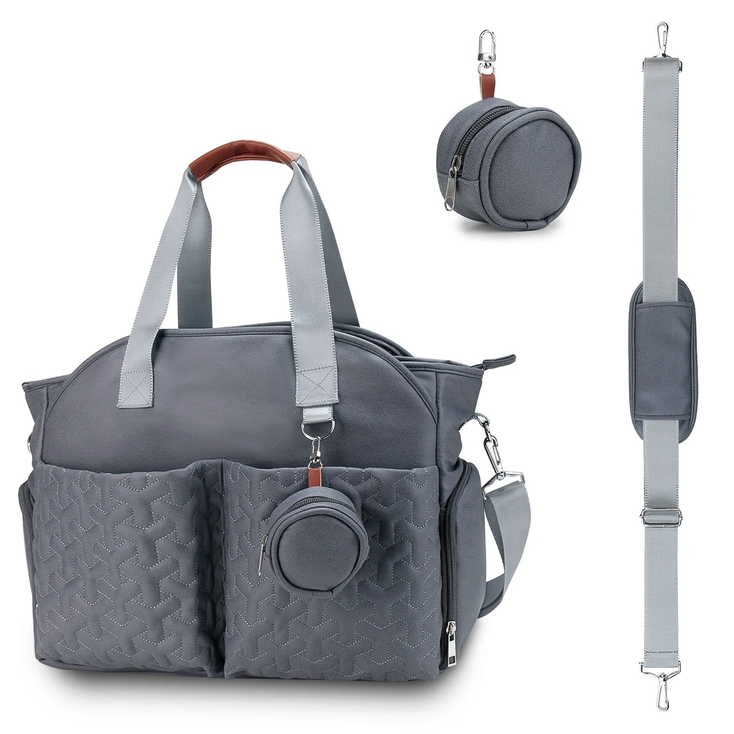 Sac à Langer gris - Grande Capacité avec bandoulière et étui tétine dètachable