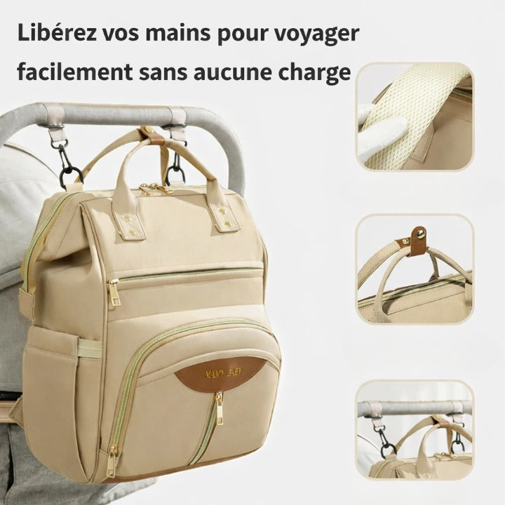 Infographie d'un sac à langer beige fixé à une poussette par des crochets, avec des zooms sur les bretelles rembourrées en mesh respirant et les poignées de transport renforcées.
