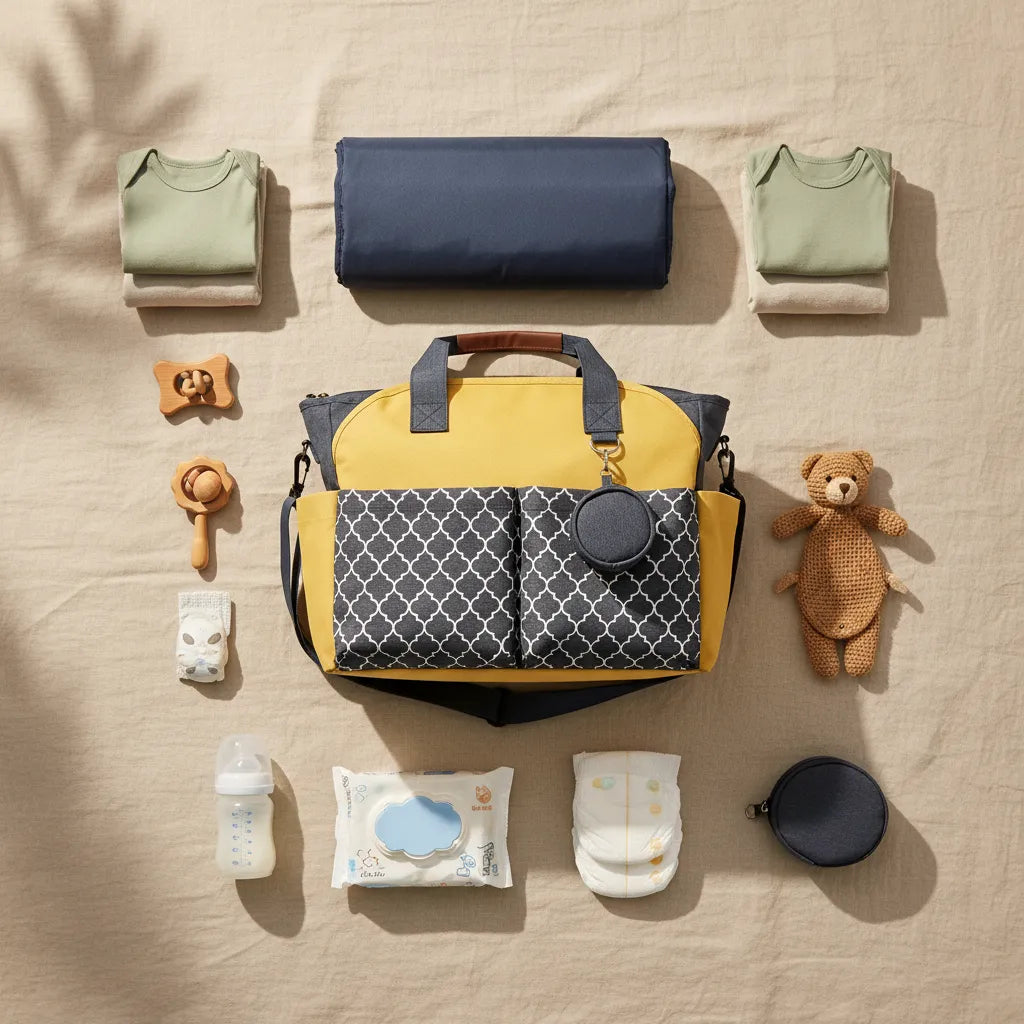 Flatlay vue du dessus d'un sac à langer bicolore jaune moutarde et gris anthracite à motif treillis géométrique blanc, avec poignées grises et bandoulière réglable, posé sur tissu lin beige entouré des essentiels bébé organisés symétriquement : tapis à langer roulé bleu marine, deux bodies pliés vert sauge, deux hochets bois forme étoile et champignon, doudou ours tricoté camel, biberon transparent gradué, paquet de lingettes bleu pastel, couche imprimée, porte-monnaie rond gris ardoise, ombre portée feuill Image