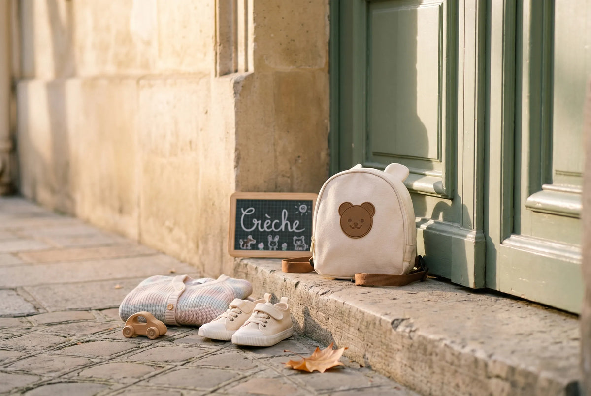 Sac à dos crèche beige en canvas avec badge ourson et sangle de sécurité posé sur le pas d'une porte verte à côté d'une ardoise crèche, d'un gilet bébé tricoté, de baskets blanches et d'une petite voiture en bois