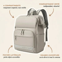 Sac à dos à langer gris beige Happy Baby avec 4 compartiments organisés, 
compartiment zippé indépendant, double zip argenté et grande ouverture — 
infographie fonctionnalités produit