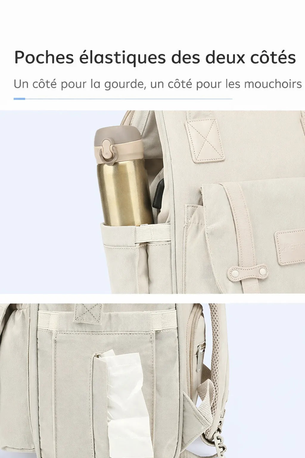 Gros plan d’un sac à langer beige avec poches latérales élastiques : une gourde d’un côté et des mouchoirs de l’autre.