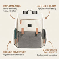 Sac à dos à langer bicolore crème et gris chiné avec rabat canvas imperméable, 
sangles cuir caramel, dimensions 42x33x15 cm, tapis à langer et 2 crochets 
poussette inclus — infographie fonctionnalités