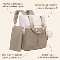 Sac à dos à langer bicolore crème et taupe avec hardware doré, poches isothermes 
biberons, étui sucette rond clipsé et tapis à langer inclus — infographie 
fonctionnalités produit