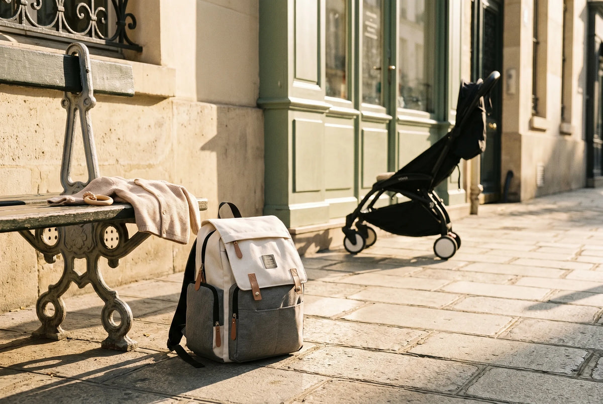 Sac à dos à langer bicolore écru et gris avec finitions cuir camel posé au sol près d'un banc parisien en fer forgé avec gilet bébé et anneau de dentition, poussette Yoyo en arrière-plan