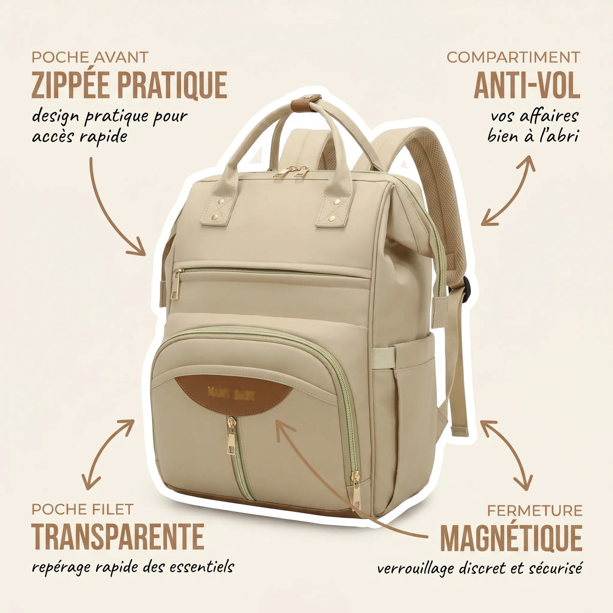 Sac à dos à langer beige déperlant avec accents sage green, compartiment anti-vol et fermeture magnétique