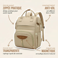 Sac à dos à langer beige déperlant avec accents sage green, compartiment anti-vol et fermeture magnétique