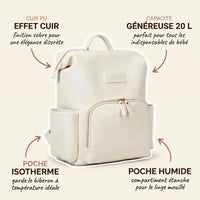 Sac à dos à langer en cuir PU écru avec annotations indiquant l'effet cuir à finition sobre, la capacité généreuse de 20 litres, la poche isotherme pour garder le biberon à température et la poche humide étanche pour le linge mouillé