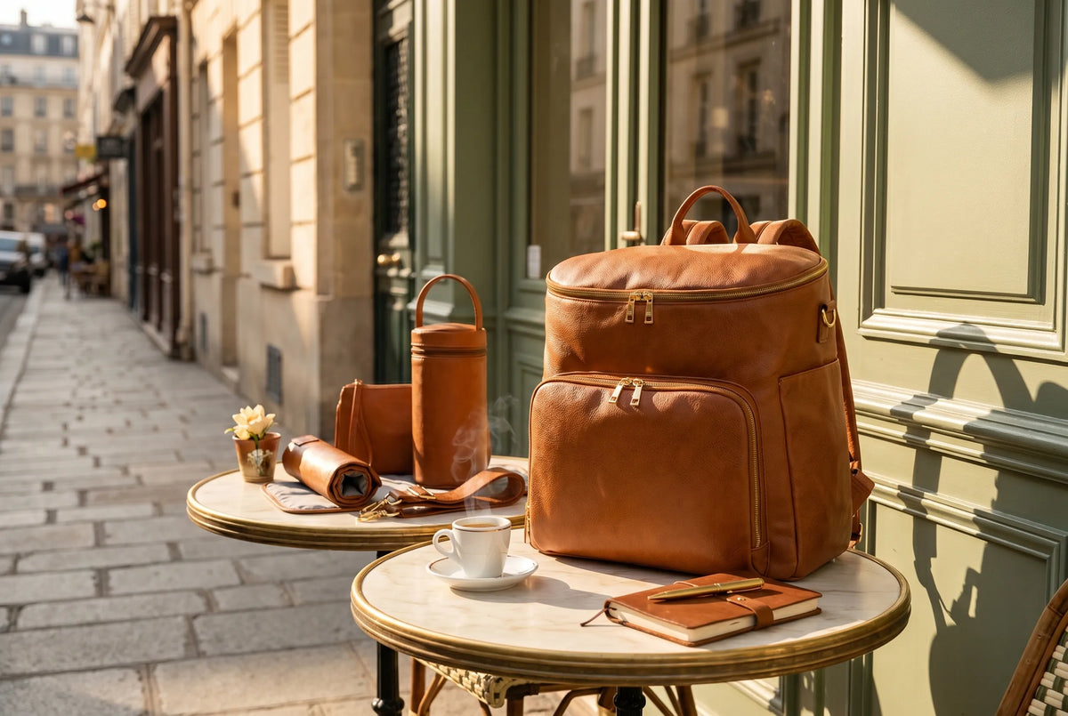 Sac à dos à langer en cuir camel avec ses accessoires assortis pochette isotherme biberon et tapis à langer posés sur les tables en marbre d'une terrasse de café parisien avec une tasse d'espresso et un carnet