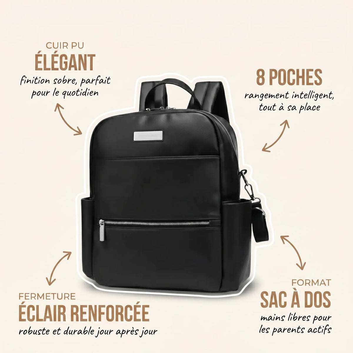 Sac à dos à langer en cuir PU noir avec annotations indiquant le cuir PU élégant à finition sobre, les 8 poches de rangement intelligent, la fermeture éclair renforcée robuste et le format sac à dos pour les parents actifs