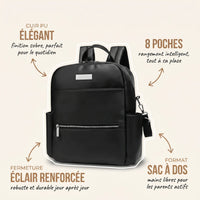 Sac à dos à langer en cuir PU noir avec annotations indiquant le cuir PU élégant à finition sobre, les 8 poches de rangement intelligent, la fermeture éclair renforcée robuste et le format sac à dos pour les parents actifs