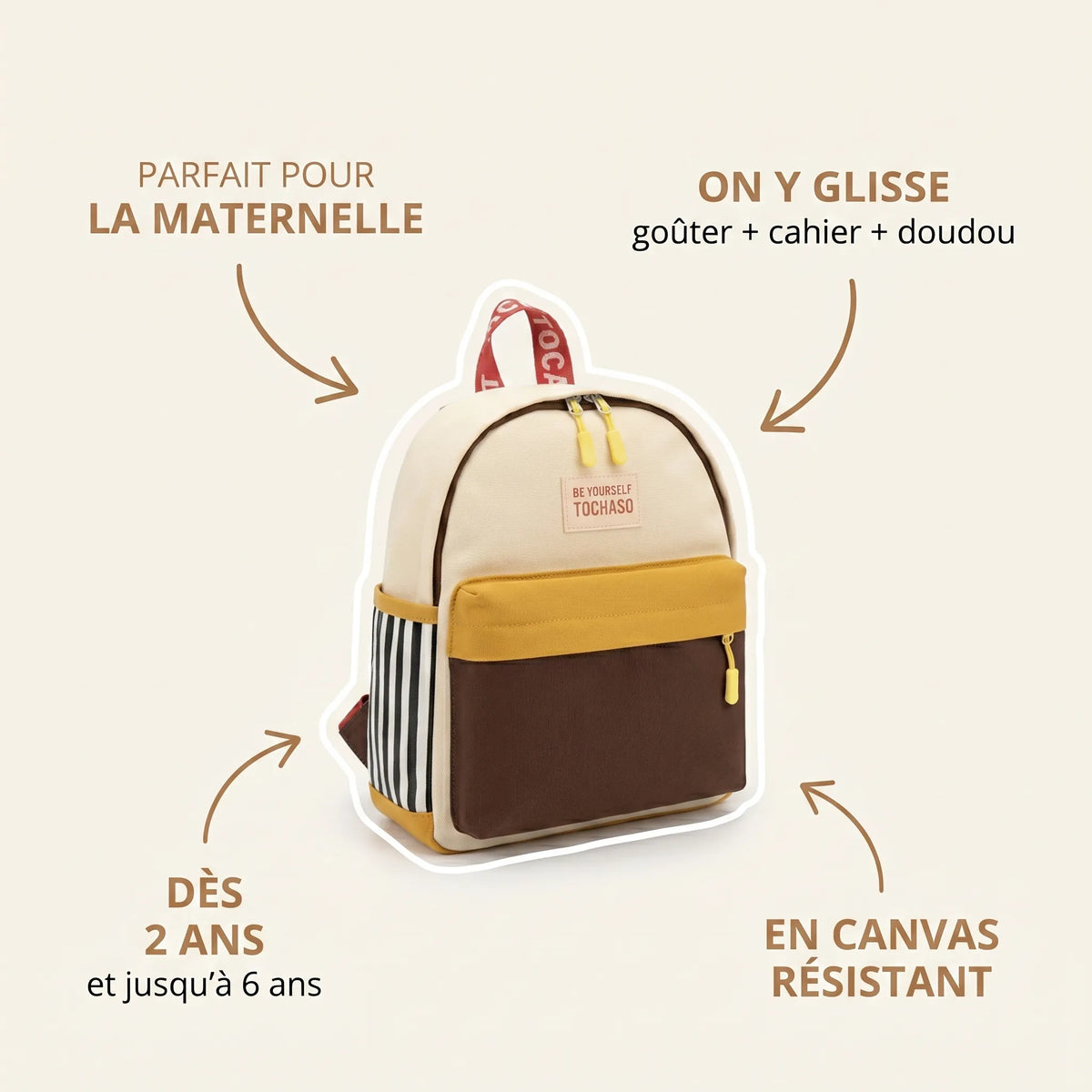 Sac à dos maternelle en toile canvas écru moutarde et marron avec annotations indiquant adapté dès 2 ans jusqu'à 6 ans, parfait pour la maternelle, contient goûter cahier et doudou, en canvas résistant

