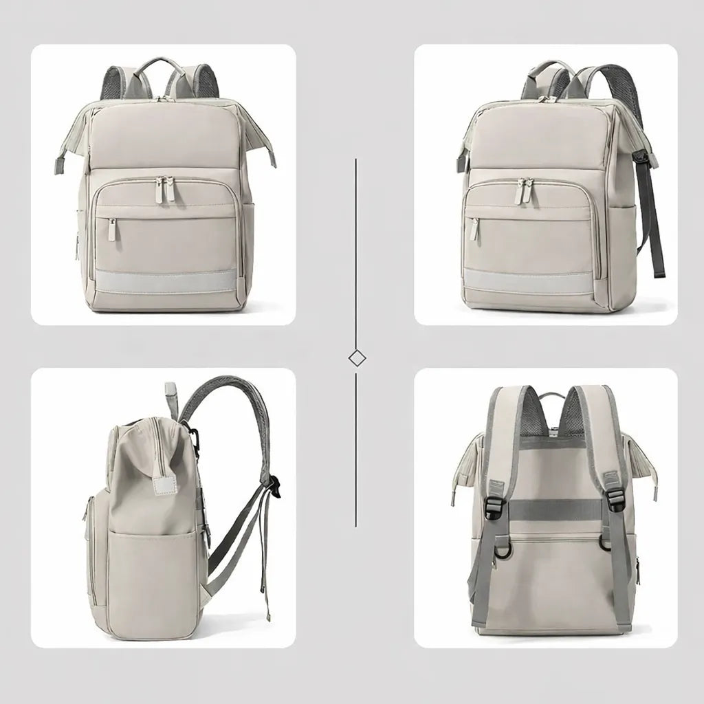 Vue multi-angles d'un sac à dos de voyage beige ergonomique avec compartiments de rangement, sangles ajustables et bande réfléchissante.
