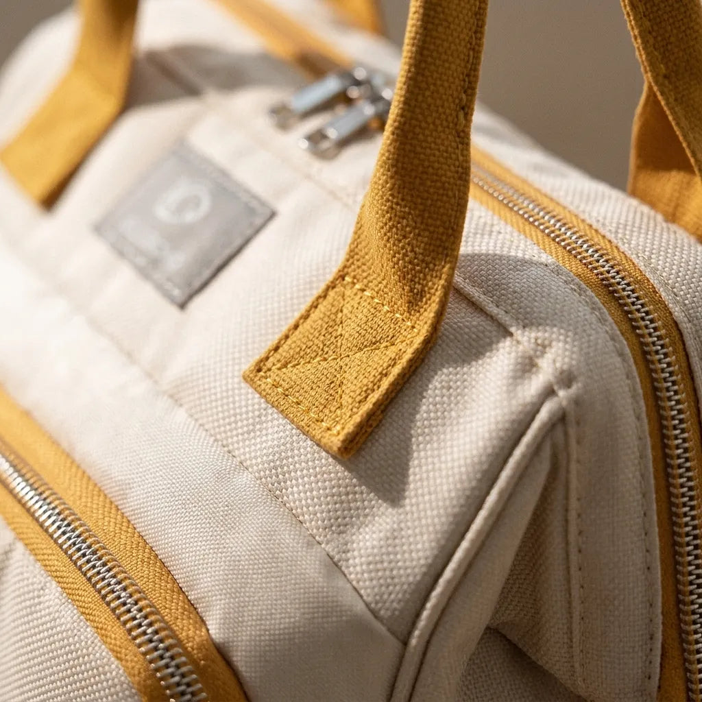 Gros plan sur les anses renforcées jaunes et double fermeture éclair double sens d'un sac à langer 3 modes de portage en tissu Oxford imperméable blanc - fixation solide pour portage sac à dos bandoulière ou main Image